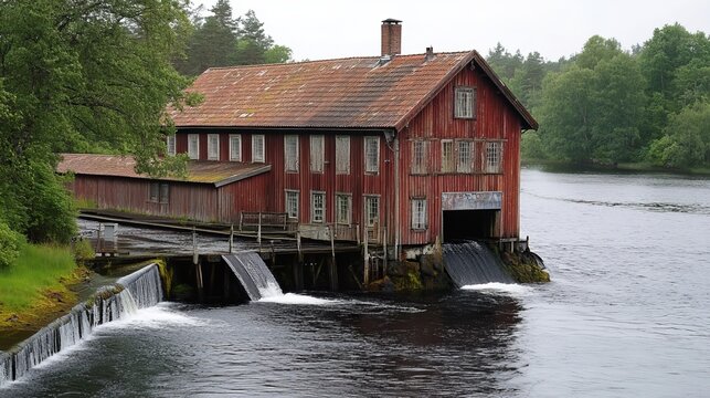 Rustic red wooden mill on a river - Powered by Adobe