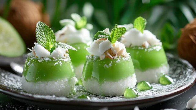 Three green jello desserts with fresh fruit skewers and crushed nuts, served on a dark plate against a tropical backdrop.