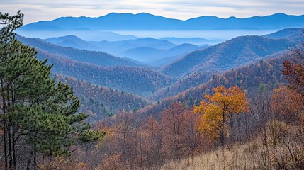 Fototapeta premium Autumnal mountain vista, hazy blue ridges, vibrant foliage