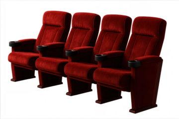 Four red velvet cinema seats inviting viewers to enjoy a movie on transparent background