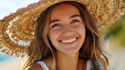Sunny day, straw hat, smiling girl, travel destination, summer vacation, tropical vibe, sandy beach, holiday cheer, casual outfit, natural beauty - Powered by Adobe