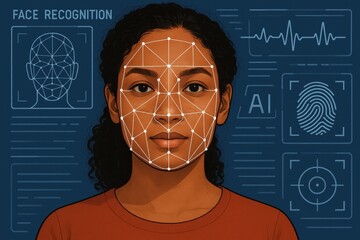 Biometric facial recognition interface with diverse multicultural woman and AI technology overlay