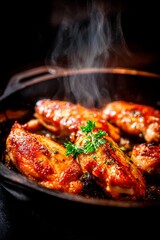 Grilled chicken wings glisten with a flavorful glaze, steam rising from a cast iron skillet. Fresh herbs garnish the dish in a cozy kitchen enjoying the warmth of cooking