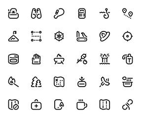 Adventure icon set. Outdoor vector collection. Includes kettle, binoculars, map, camping gear, survival tools and more. Minimalist line art. Editable stroke.