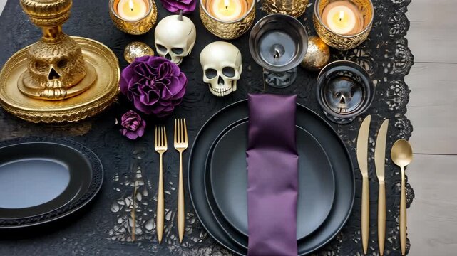 Elegant halloween table setting with skulls, candles, and purple accents on black lace cloth - Powered by Adobe