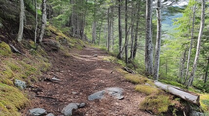 Forest trail winds upward through mossy hillside