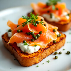 gourmet smoked salmon toasts with cream cheese and capers