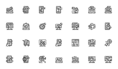 Online Marketing icon set. Business vector icons pack. Includes call center, online store, feedback, smartphone, customer service, SEO, advertising, shopping cart & more. Editable stroke.