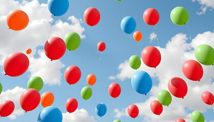 Colorful balloons floating in blue sky with white clouds  