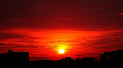 Fiery sunset over a city skyline