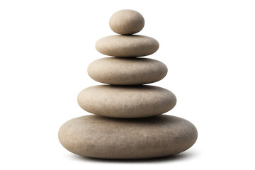 Five balancing stones forming a cairn on a transparent background
