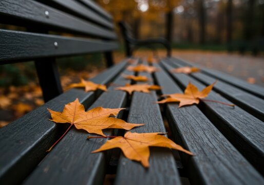Golden maple leaves rest on a weathered wooden park bench during the autumn season - Powered by Adobe