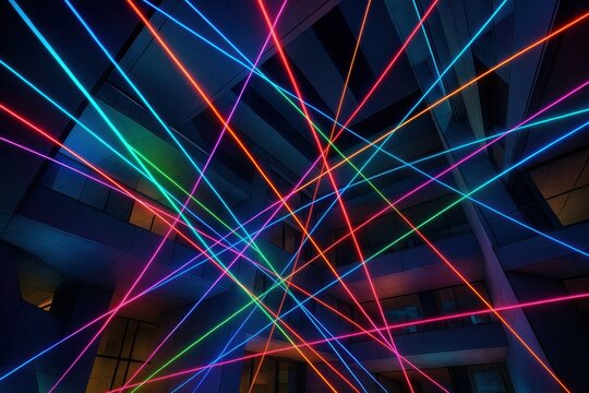 Dynamic geometric light installation with intersecting colored lines and modern architectural design