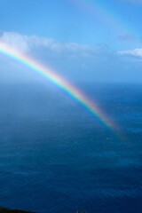 Double rainbow over the Atlantic Ocean at S&atilde;o Miguel Island, Azores, showcasing vibrant colors and dramatic skies above the serene ocean landscape.