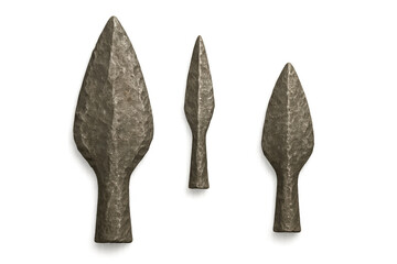 Three ancient stone arrowheads isolated on transparent background