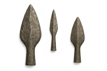 Three ancient stone arrowheads isolated on transparent background