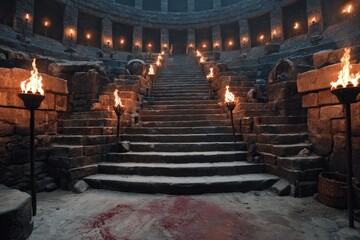 Ancient stone arena with bloodstained floor, burning torches, and grand stairs surrounded by ruins and shadows evoking a dramatic dark fantasy or historical battle atmosphere