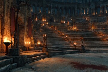 Ancient stone arena with bloodstained floor, burning torches, and grand stairs surrounded by ruins and shadows evoking a dramatic dark fantasy or historical battle atmosphere