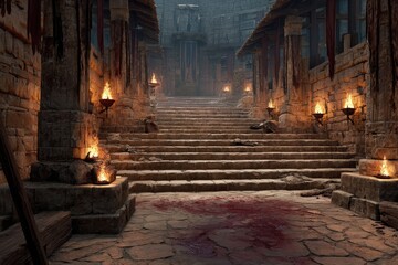 Ancient stone arena with bloodstained floor, burning torches, and grand stairs surrounded by ruins and shadows evoking a dramatic dark fantasy or historical battle atmosphere