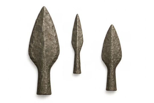 Three ancient stone arrowheads isolated on transparent background