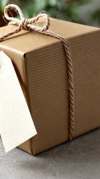 Gift box with tag and twine in autumn setting  closeup on brown packaging with leaves
