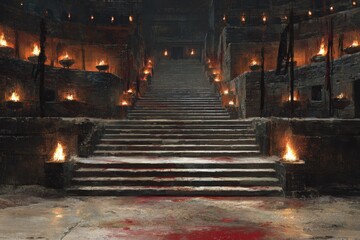 Ancient stone arena with bloodstained floor, burning torches, and grand stairs surrounded by ruins and shadows evoking a dramatic dark fantasy or historical battle atmosphere