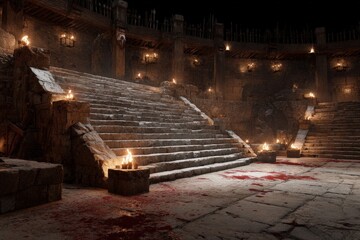 Ancient stone arena with bloodstained floor, burning torches, and grand stairs surrounded by ruins and shadows evoking a dramatic dark fantasy or historical battle atmosphere