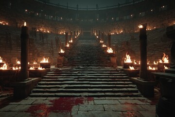 Ancient stone arena with bloodstained floor, burning torches, and grand stairs surrounded by ruins and shadows evoking a dramatic dark fantasy or historical battle atmosphere