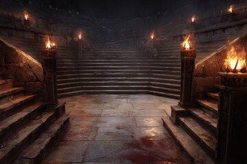 Ancient stone arena with bloodstained floor, burning torches, and grand stairs surrounded by ruins and shadows evoking a dramatic dark fantasy or historical battle atmosphere