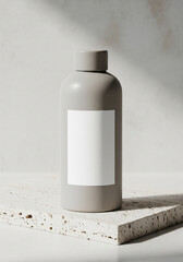 Minimalist Beige Ceramic Bottle on Travertine Mockup