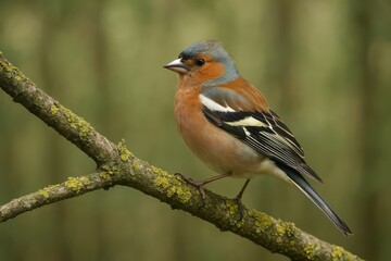 European chaffinch perched on lichen-covered branch in natural forest habitat