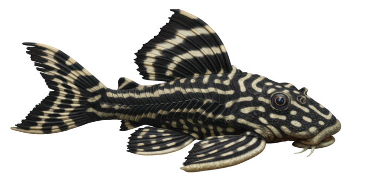A transparent PNG of a Loricariidae catfish with a striped and spotted pattern