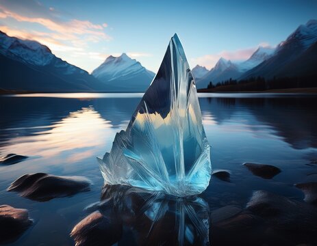 translucent ice shard on dark shoreline with lake and mountains in the background