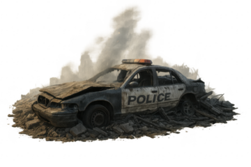 Wrecked police car surrounded by rubble and smoke with transparent background