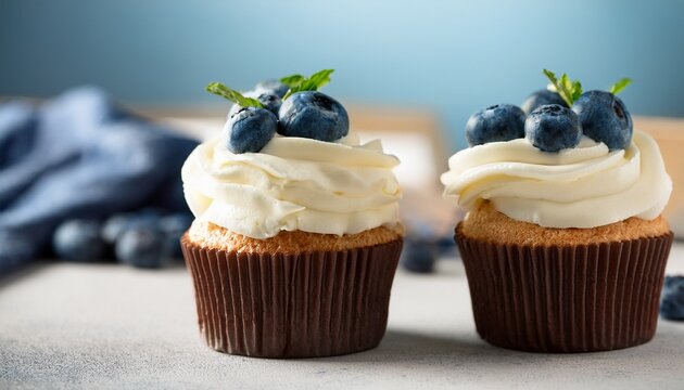 close up of a cupcake with cream frosting and blueberries