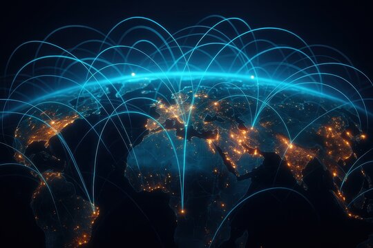 Global digital network visualization with interconnected data streams spanning across world continents