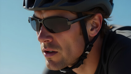 Close up of a cyclist's intense expression, sweat glistening under a black helmet, set against a clear blue sky pure determination!