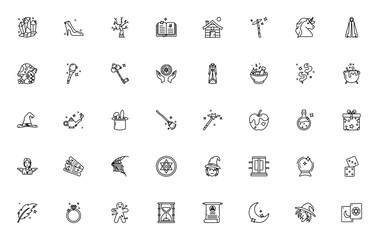 Magic and Fairy Tale icon set. Vector illustration pack with crystals, unicorn, wand, witch, spell, cauldron, tarot, moon and more. Editable fantasy symbols.