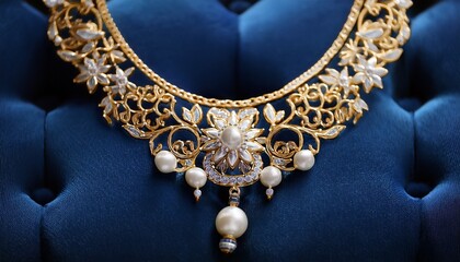 a gold necklace with intricate floral designs and pearl accents is displayed on a plush dark blue cushion