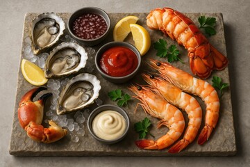 Gourmet seafood platter with artisanal accompaniments on natural stone presentation board