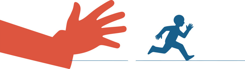 Person fleeing from giant red hand symbolizing escape, danger, or pursuit in a conceptual illustration