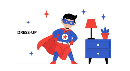 Illustration of a boy dressed as a superhero standing in a bedroom with nightstand