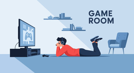 Fototapeta premium Illustration of a boy playing video games in a comfortable game room setting enjoying virtual entertainment while relaxing