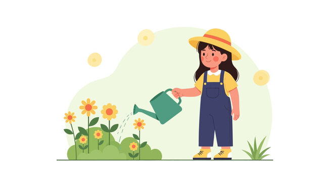Illustration of a young girl watering flowers in a garden with a watering can illustration depicts a child and the beauty of nature