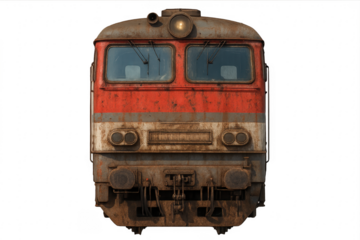 Old rusty locomotive train with transparent background facing forward