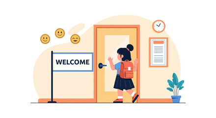 Illustration of a young student entering a classroom with a welcome sign and smiling emoticons, conveying a positive and inviting school atmosphere