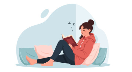 Illustration of a young woman falling asleep while reading a book on a couch for relaxation and comfort lifestyle