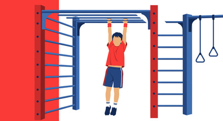 Illustration of a child hanging on monkey bars in an outdoor playground setting