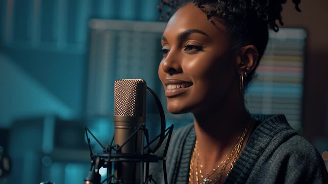 Young singer recording new song in professional studio