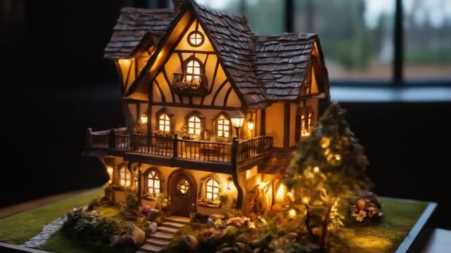 This enchanting miniature fantasy house features detailed design and warm lighting. 4k video